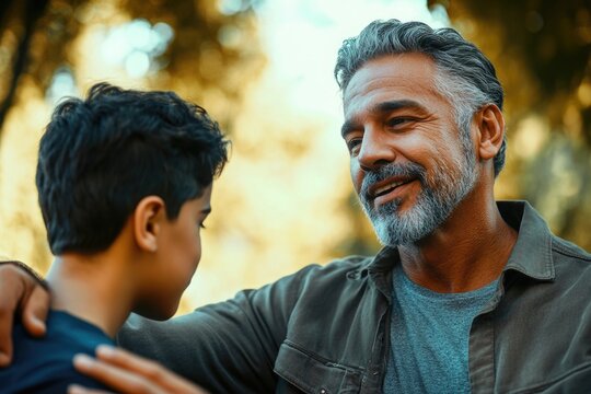 A man with a beard converses with a youthful boy, possibly sharing wisdom or advice
