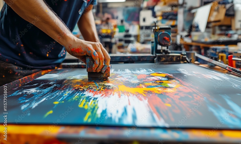 Poster a person creating vibrant art using a paint roller on a canvas in a studio.