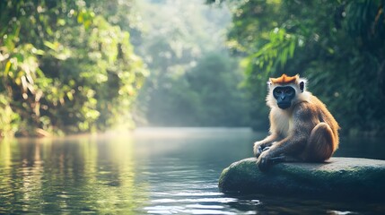 Obraz premium Blue-faced Golden Monkey by the River