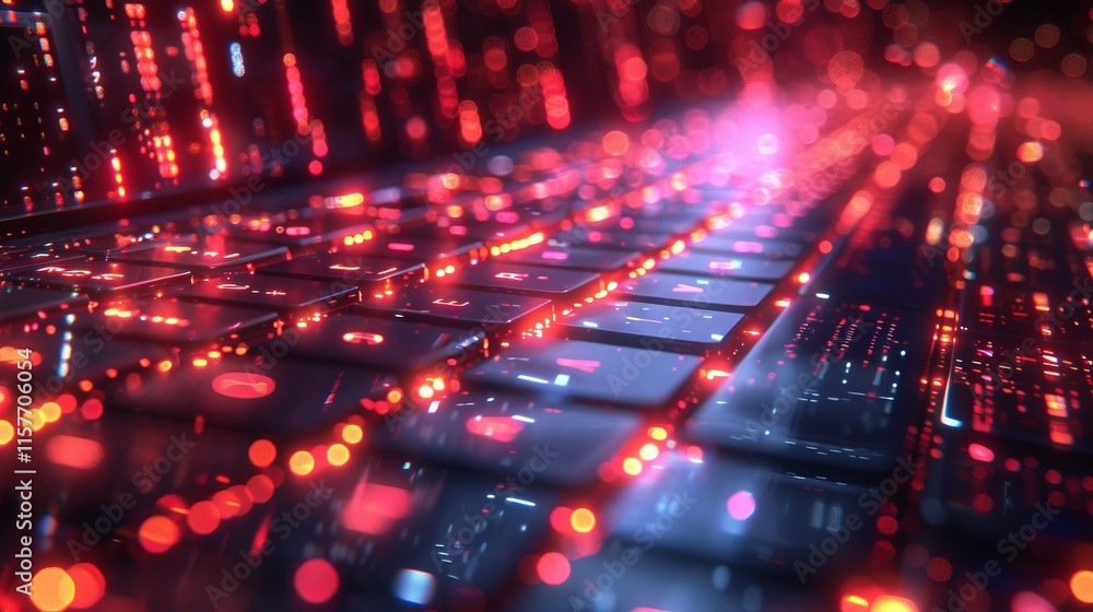 Poster curate a neon series of programming symbols, including shimmering code