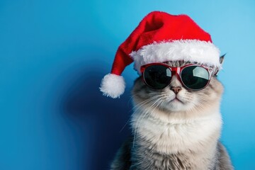 A curious cat wearing sunglasses and a Santa hat