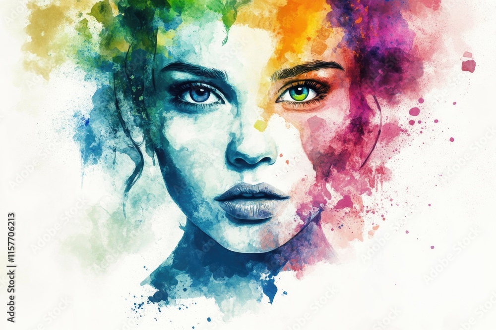 Poster A vibrant image of a woman's face covered in colorful paint splatters, great for use as a background or to add visual interest to any design