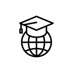 An outline Global education icon. depicting a graduation cap placed on a globe. Perfect for use in educational materials, e-learning platforms, 