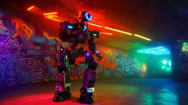 A robotic performer showcases amazing dance moves illuminated by colorful lights in a graffiti-covered urban environment, captivating the audience with its precision