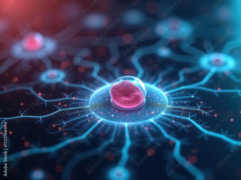 Poster visual representation of cellular network activity showcasing a central cell connected to various ne