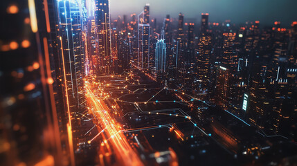 Fototapeta premium Smart digital Innovation city with connection network reciprocity over the cityscape. of future smart wireless digital city and social media networking systems that connects people with in city