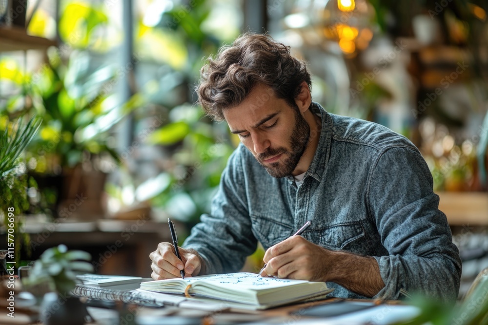 Poster a person sitting at a table with a notebook and pen, engaged in writing