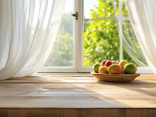 Rustic Kitchen Setting on Wooden Table with Defocused Window Background
