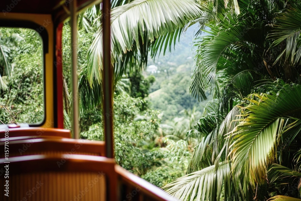 Poster a scenic view of dense green forest from the perspective of a train
