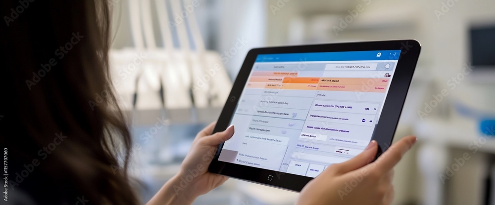 Poster a person holding a tablet displaying a digital interface, likely for scheduling.