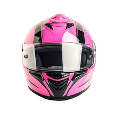 Fototapeta premium Close-up Photo: Vibrant Pink Motorcycle Helmet with Bold Stripes, Studio Shot. AI Generated