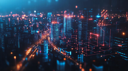 Obraz premium Smart digital Innovation city with connection network reciprocity over the cityscape. of future smart wireless digital city and social media networking systems that connects people with in city