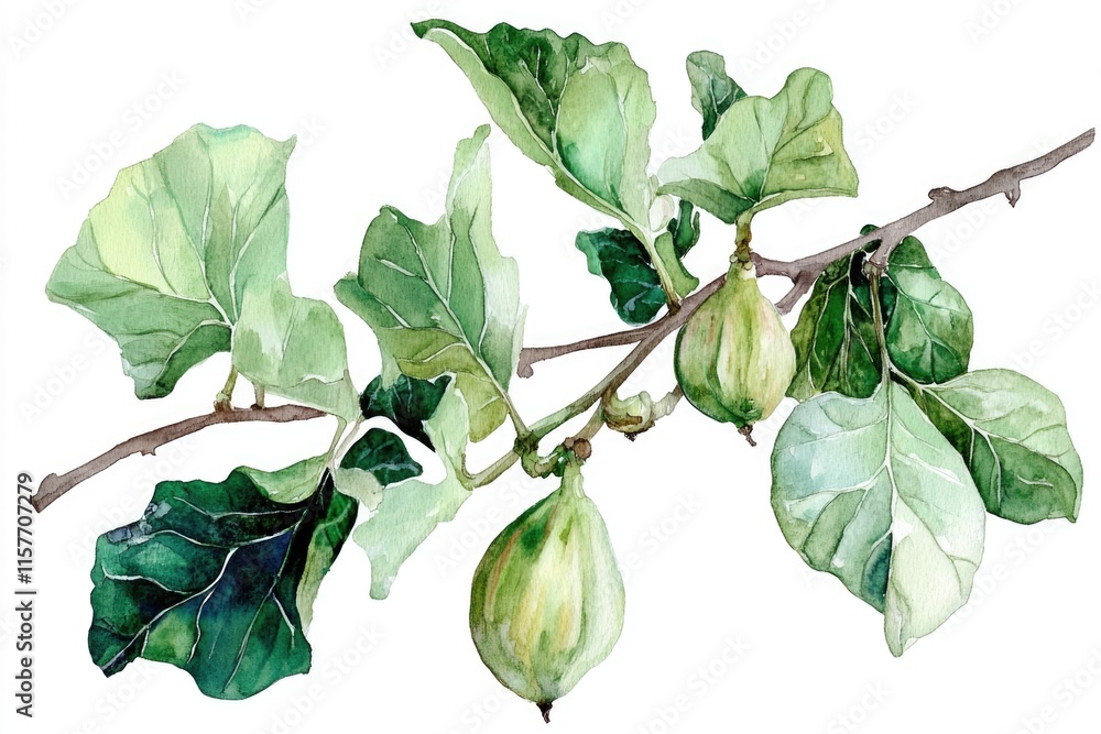 Poster a delicate watercolor illustration of a fig tree branch with intricate details
