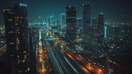 Obraz premium Smart digital Innovation city with connection network reciprocity over the cityscape. of future smart wireless digital city and social media networking systems that connects people with in city