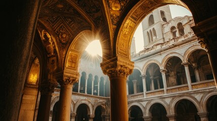 Ornate Architecture with Arches and Frescoes in Sunlight