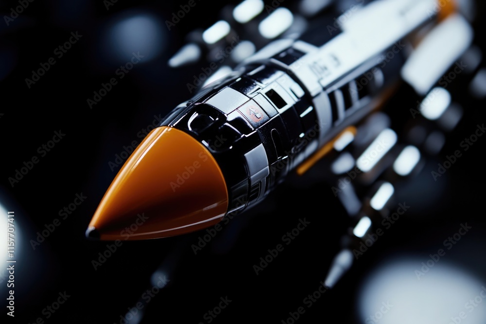 Poster a close-up view of a model rocket with detailed features and textures
