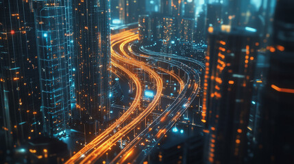 Obraz premium Smart digital Innovation city with connection network reciprocity over the cityscape. of future smart wireless digital city and social media networking systems that connects people with in city
