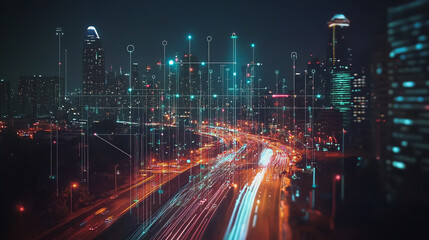 Obraz premium Smart digital Innovation city with connection network reciprocity over the cityscape. of future smart wireless digital city and social media networking systems that connects people with in city
