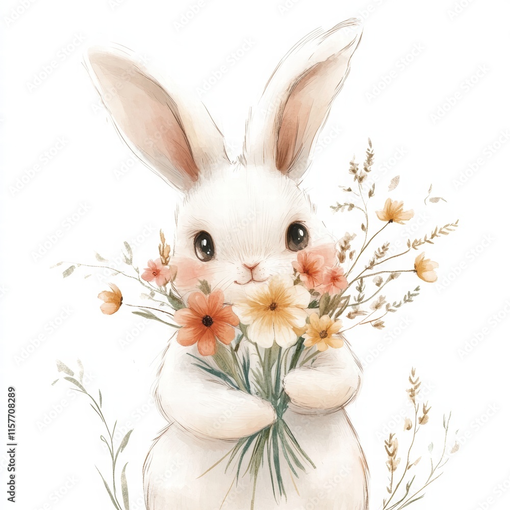 Poster cuddly rabbit holding a colorful bouquet of flowers with space for your custom message. generative a