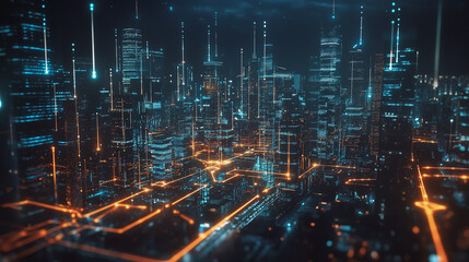 Smart digital Innovation city with connection network reciprocity over the cityscape. of future smart wireless digital city and social media networking systems that connects people with in city