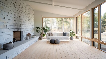 Modern Scandinavian style country villa with light minimalist interior design with fireplace and white slate rock wall