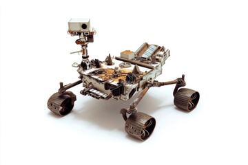 Close-up shot of a Mars rover model on a white surface, suitable for science and technology illustrations
