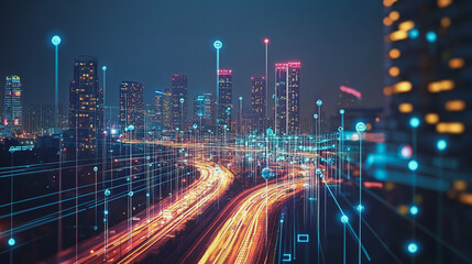 Fototapeta premium Smart digital Innovation city with connection network reciprocity over the cityscape. of future smart wireless digital city and social media networking systems that connects people with in city