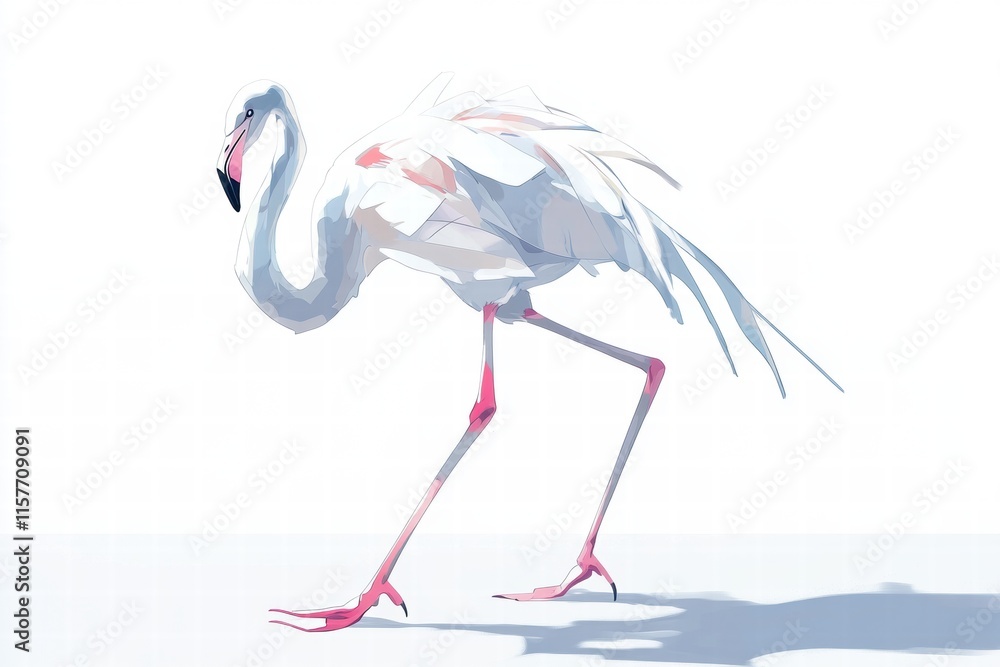 Poster illustration of a vibrant flamingo walking across a blank background with ample copy space for creat
