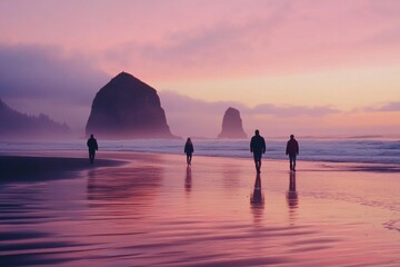 A group of people are walking on a beach near a mountain