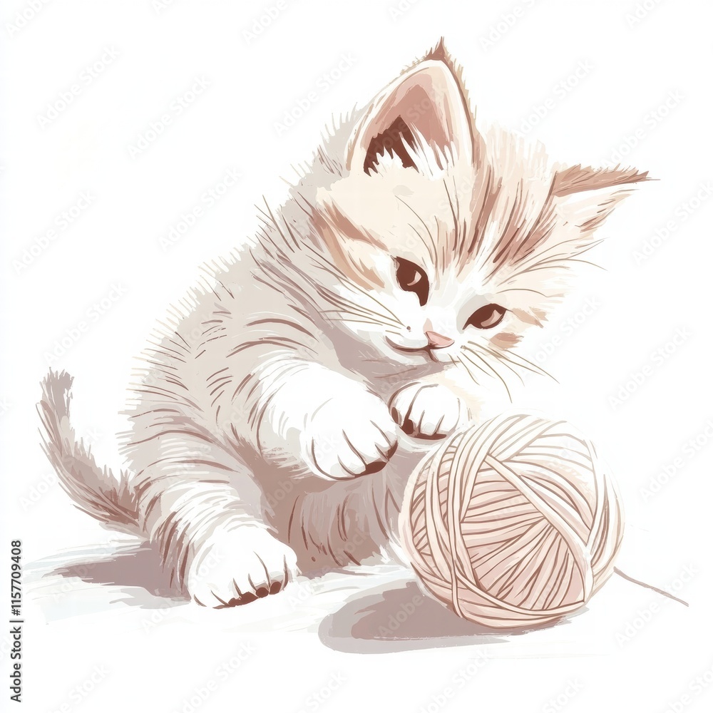 Poster cute kitten has fun playing with a ball of yarn in a bright, cheerful setting with room for text. ge