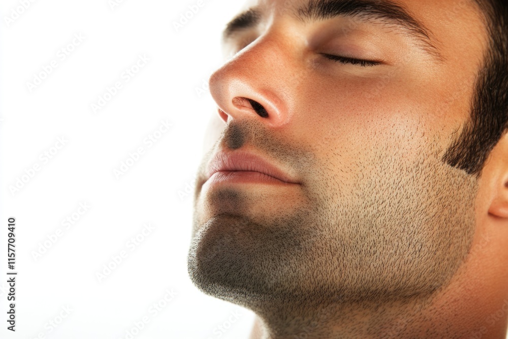 Poster a close-up shot of a man's face with his eyes closed, ideal for use in scenarios where facial expres