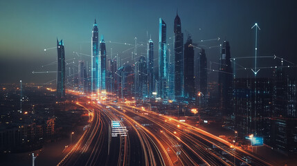 Obraz premium Smart digital Innovation city with connection network reciprocity over the cityscape. of future smart wireless digital city and social media networking systems that connects people with in city