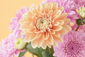 A bouquet of flowers with a yellow flower in the middle