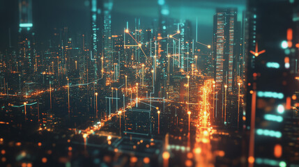 Smart digital Innovation city with connection network reciprocity over the cityscape. of future smart wireless digital city and social media networking systems that connects people with in city