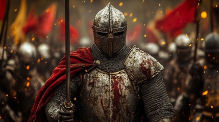 Medieval knight from the 12th century in chainmail and plate armor with a lance jousting in a tournament