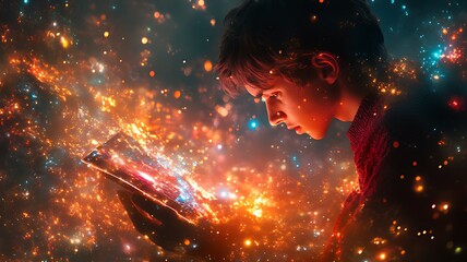 Obraz premium Person reading magical glowing book.