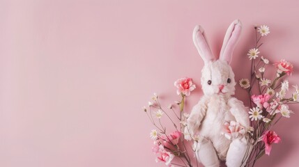 Pink plush bunny surrounded by flowers lies on a pink background