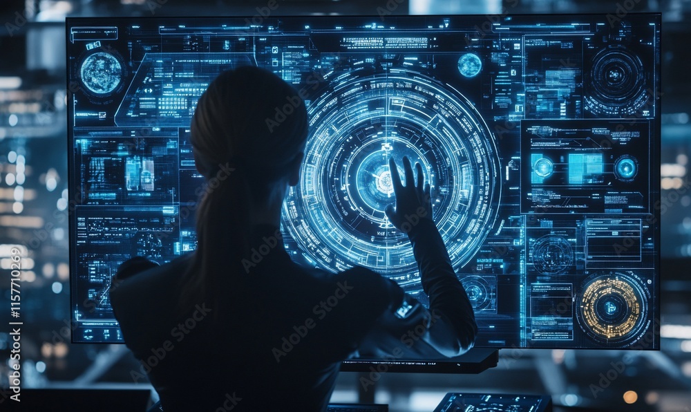 Poster a person interacts with a futuristic, holographic interface displaying data.