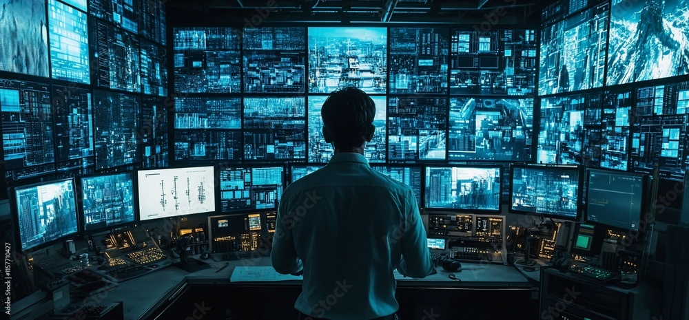 Aufkleber a person monitors multiple screens displaying data and cityscapes in a control room.