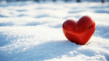 Red heart on snowy surface: symbol of love and winter beauty