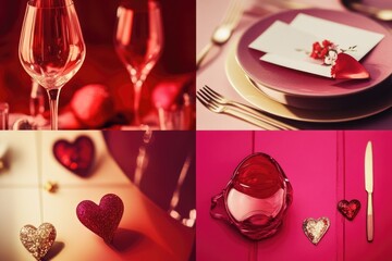 Romantic dinner setup with heart-shaped decorations and candles