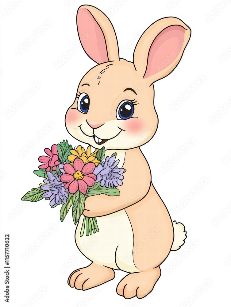 Aufkleber cute rabbit illustration holding a colorful bouquet of flowers in a charming and playful style with 