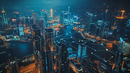 Fototapeta premium Smart digital Innovation city with connection network reciprocity over the cityscape. of future smart wireless digital city and social media networking systems that connects people with in city