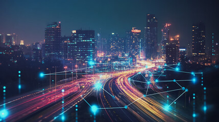 Fototapeta premium Smart digital Innovation city with connection network reciprocity over the cityscape. of future smart wireless digital city and social media networking systems that connects people with in city