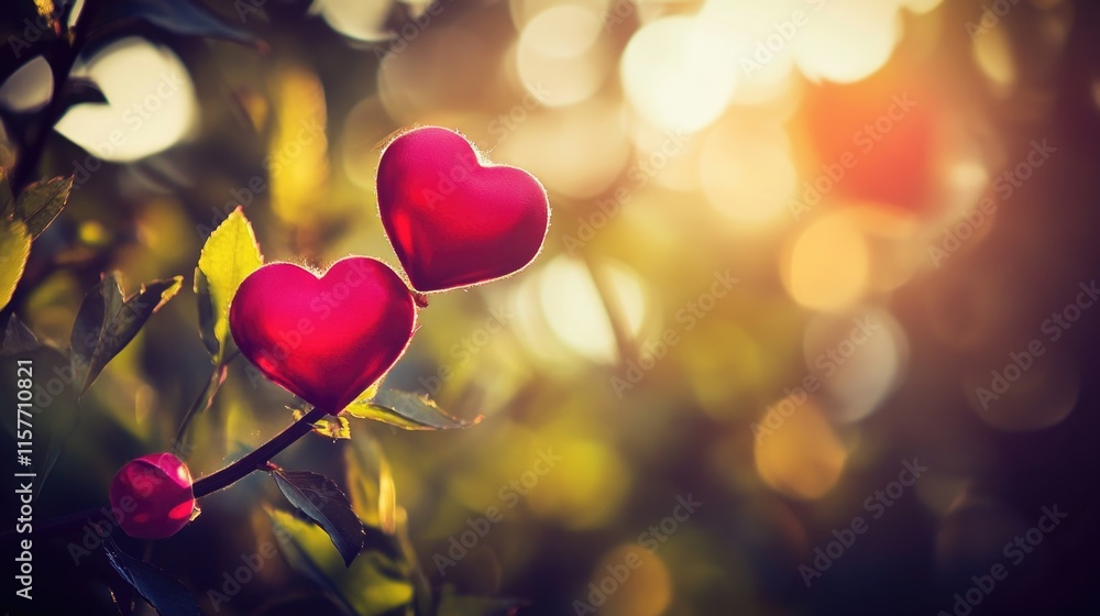 Aufkleber a pair of red hearts perched at the top of a tree branch, symbolizing love and affection