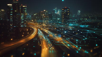 Fototapeta premium Smart digital Innovation city with connection network reciprocity over the cityscape. of future smart wireless digital city and social media networking systems that connects people with in city