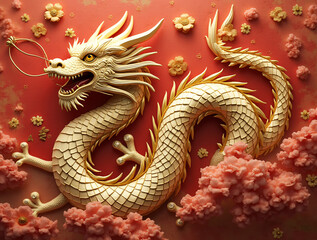 Obraz premium Golden dragon on red background with red clouds