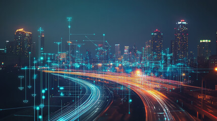 Smart digital Innovation city with connection network reciprocity over the cityscape. of future smart wireless digital city and social media networking systems that connects people with in city