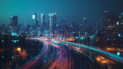 Fototapeta premium Smart digital Innovation city with connection network reciprocity over the cityscape. of future smart wireless digital city and social media networking systems that connects people with in city