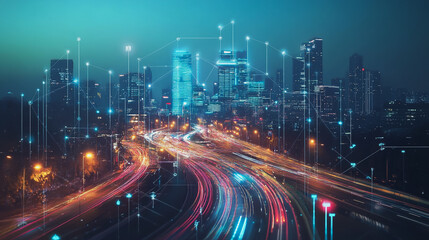 Smart digital Innovation city with connection network reciprocity over the cityscape. of future smart wireless digital city and social media networking systems that connects people with in city